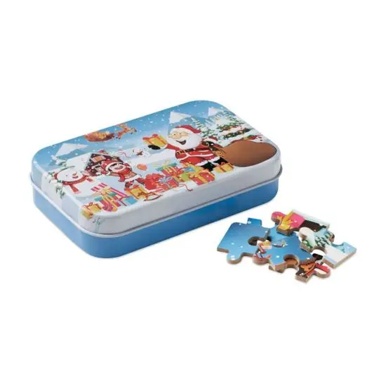 Puzzle de Noël personnalisable PAZURU 60 pièces dans boîte en fer blanc bleue illustrée du père Noël et pièces posées