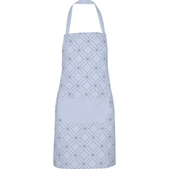 Tablier de cuisine personnalisé à bavette sublimé d'un motif géométrique gris sur fond bleu pâle avec poches