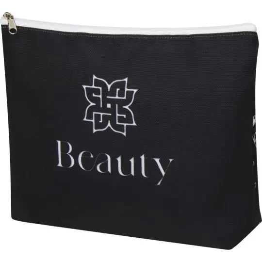 Trousse de maquillage personnalisée Arlo en RPET noir sublimée d'un logo floral blanc Beauty, zip blanc