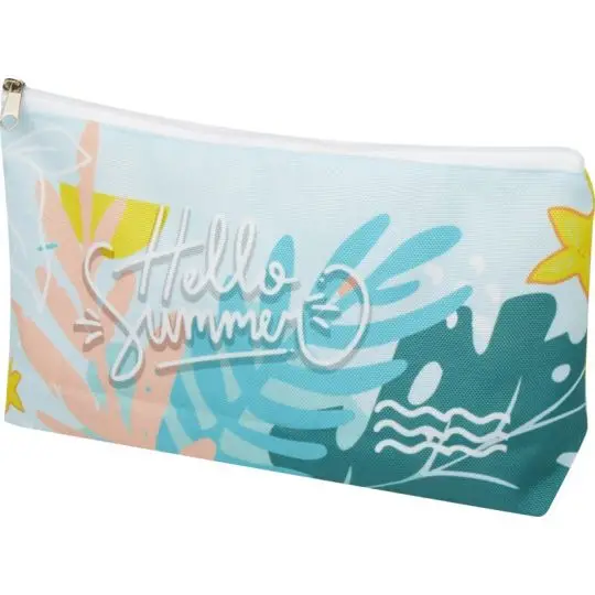 Petite trousse personnalisée Ari en RPET sublimée de feuilles tropicales et lettrage Hello Summer, zip blanc