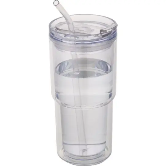 Gobelet double paroi personnalisable transparent 480 ml avec couvercle pivotant et paille coudée
