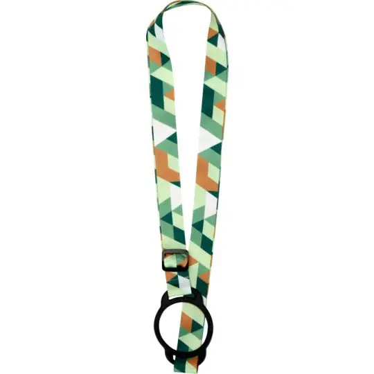 Lanyard porte-gobelet publicitaire LIOR à motif géométrique vert et orange, passant et anneau silicone noirs