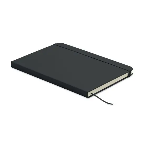 Carnet A5 personnalisé noir à couverture rigide en PU recyclé posé à plat avec son ruban marque-page
