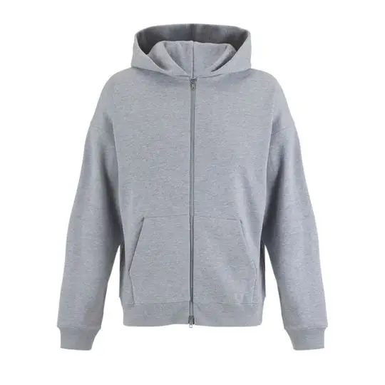 Sweat zippé personnalisé gris chiné à capuche, poche kangourou et épaules tombantes, vue de face