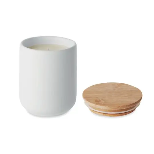 Bougie parfumée personnalisée 200 g en cire végétale dans un pot en grès blanc mat, couvercle en bambou à côté