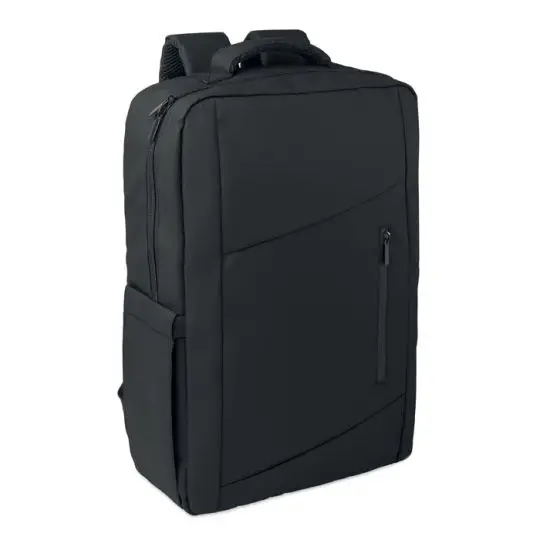Sac à dos RPET personnalisé METRO noir pour ordinateur 15 pouces, poche frontale zippée et couture diagonale