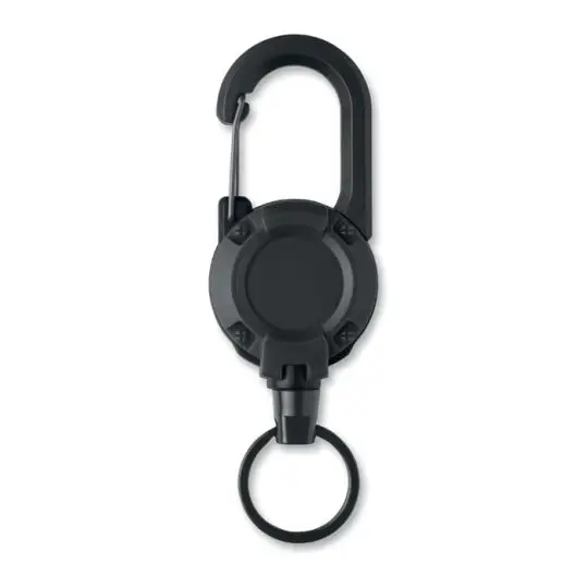 Porte-badge enrouleur personnalisé STIBA noir en ABS avec mousqueton, boîtier rond texturé et anneau porte-clés