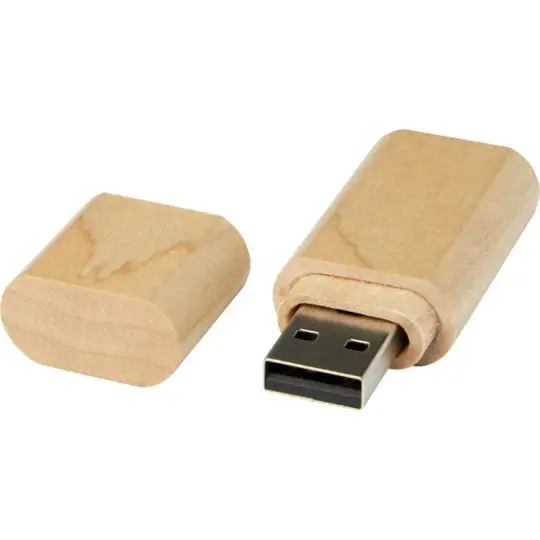 Clé USB en bois clair personnalisable, capuchon retiré laissant voir le connecteur USB-A noir