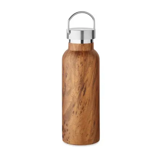 Bouteille isotherme 500 ml en inox recyclé à finition effet bois marron, bouchon argenté à poignée de transport