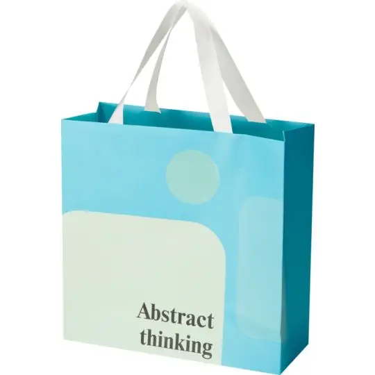 Sac papier carré personnalisé mat turquoise à anses ruban blanches avec motif graphique et texte imprimé