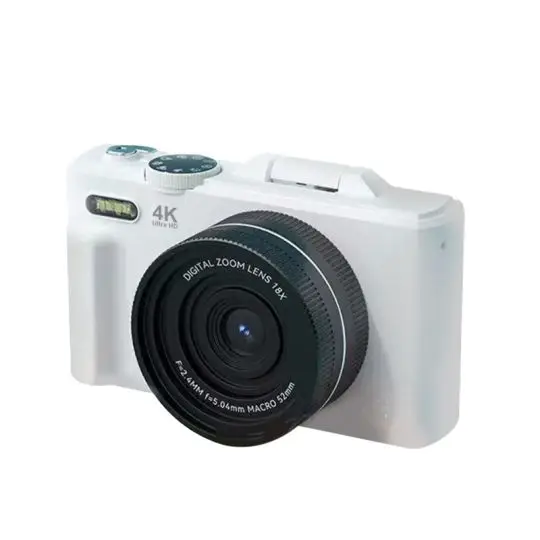 Appareil photo 4K personnalisé Prixton DV900 Xplorer blanc avec grand objectif noir, molette de modes et flash