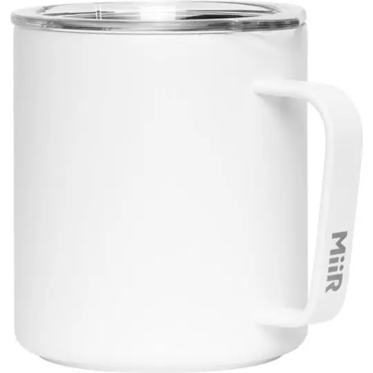 Tasse de camping isotherme MiiR 354 ml blanche mate avec anse siglée et couvercle clipsé anti-éclaboussures