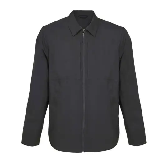 Veste imperméable personnalisée noire unisexe à col chemise et fermeture zippée, vue de face à plat