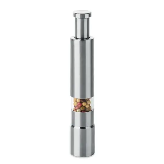 Moulin à poivre personnalisé PRESSY en inox argent mat avec fenêtre acrylique laissant voir les baies colorées