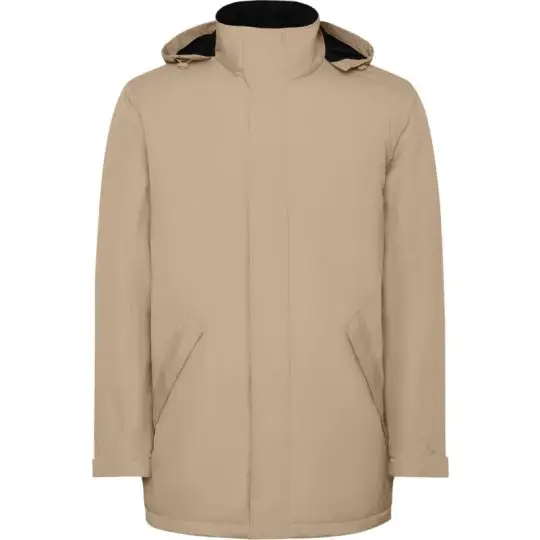 Parka homme personnalisée AMERICA sable foncé vue de face, col montant, capuche amovible et poches à rabat