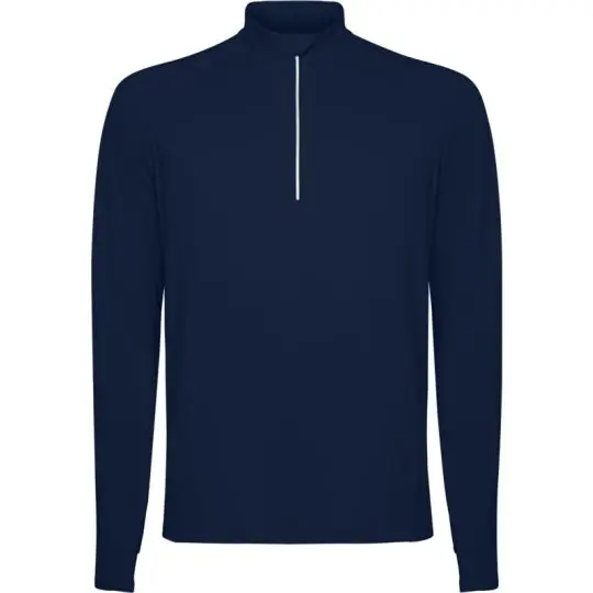Sweat demi-zip homme bleu marine vu de face avec col montant et fermeture zippée à liseré réfléchissant