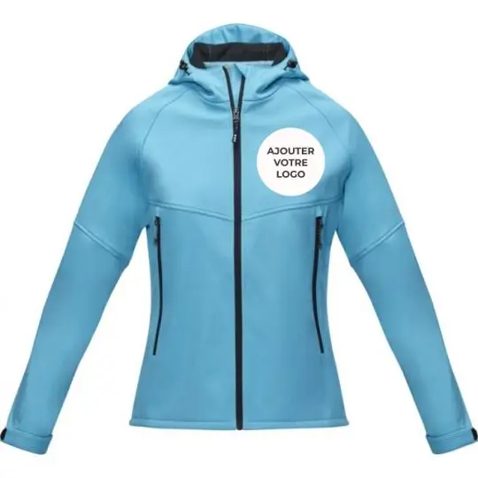 Veste imperméable femme personnalisable bleue avec capuche technique et fermetures zippées étanches certifiées GRS