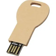 Clé USB écologique en papier recyclé kraft en forme de clé, tête percée d'une fente et connecteur apparent