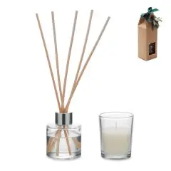 GINGLE personnalisé : diffuseur de parfum en verre, 5 bâtonnets et bougie vanille en coffret kraft