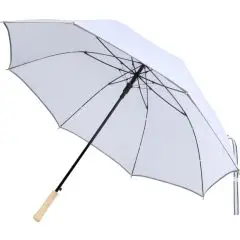 Parapluie golf personnalisé blanc ouvert avec liseré réfléchissant gris et poignée claire à bouton automatique