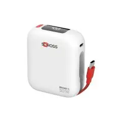 Powerbank personnalisé SKROSS Reload blanc avec écran de charge, bouton rouge et câble USB-C rouge intégré