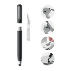 Stylo stylet personnalisé noir ouvert sur son kit de nettoyage pour écouteurs sans fil avec pointe et brosse