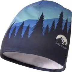 Bonnet personnalisé imprimé en sublimation d'une forêt de sapins sous un ciel étoilé bleu, doublure polaire grise