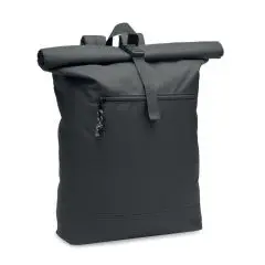Sac à dos rolltop personnalisé noir en RPET 600D, rabat enroulé fermé par sangle et poche frontale zippée