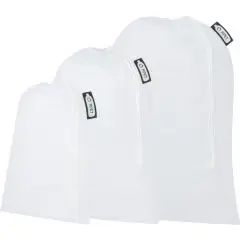 Lot de 3 sacs à légumes personnalisés ROB blancs en maille de PET recyclé, trois tailles avec cordon de serrage