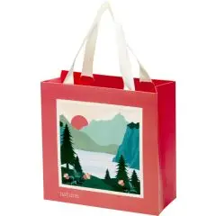 Sac boutique personnalisé Smartfold rouge pelliculé brillant avec anses ruban crème et illustration de montagne