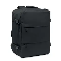 Sac à dos cabine ASPEN noir en RPET 600D avec deux poches frontales zippées et sangles de compression latérales