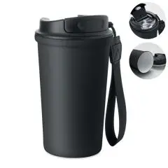 Mug isotherme personnalisé NAKANO noir mat avec couvercle anti-fuite, dragonne et intérieur céramique blanc