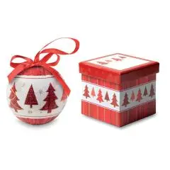 Boule de Noël personnalisée perlée blanche et rouge, sapins tartan et ruban de satin rouge