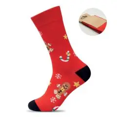 Chaussette de Noël rouge personnalisable avec motifs bonhomme pain d'épice et flocons de neige pour cadeau d'entreprise