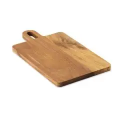Planche à découper personnalisée ASTI en bois d'acacia doré aux veines contrastées avec poignée percée d'une fente