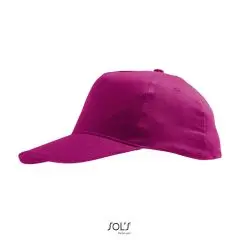 Casquette enfant 5 panneaux SUNNY KIDS fuchsia en coton brossé, visière préformée vue de profil sur fond blanc