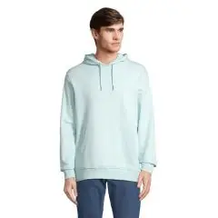 Sweat à capuche unisexe personnalisable bleu clair en coton porté de face avec poche kangourou et cordon