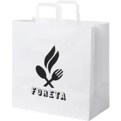 Sac papier publicitaire blanc à poignées plates et large soufflet, logo noir imprimé sur la face avant
