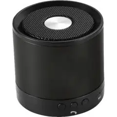 Enceinte Bluetooth publicitaire aluminium noir vue profil, boutons de contrôle et grille haut-parleur, objet promotionnel audio premium