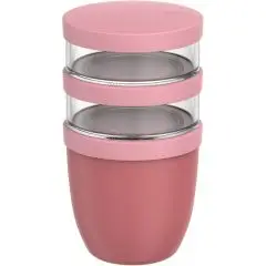 Pot repas personnalisé Mepal Ellipse rose à trois étages avec deux godets translucides de 200 ml empilés