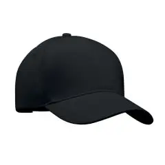 Casquette personnalisée SINGA noire 5 pans en coton sergé brossé, vue de profil avec visière incurvée