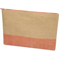 Pochette zippée personnalisée en papier paille tissé beige naturel avec bande brique et fermeture éclair