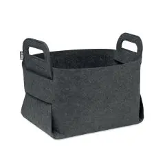 Panier de rangement personnalisable FIALAN en feutre RPET gris pierre avec deux poignées découpées, vue de face