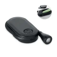 Lampe de lecture personnalisée SCENE REPLA noire à clip et col flexible, avec vue du logement de batterie
