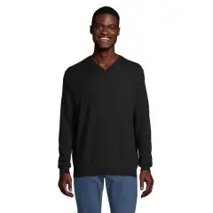 Pull col V personnalisé SULLIVAN MEN noir en maille fine, porté par un homme avec un jean, vue de face