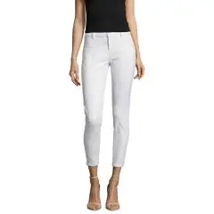 Pantalon femme 7/8 personnalisé blanc en twill de coton stretch porté de face avec un haut noir