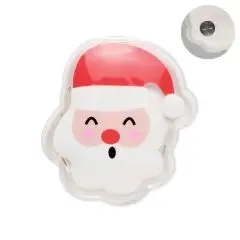 Chaufferette réutilisable en forme de tête de Père Noël, bonnet rouge et barbe blanche, pastille métallique visible
