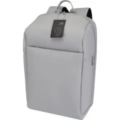 Sac à dos antivol personnalisé gris clair en toile 900D recyclée GRS avec poignée et poche frontale zippée