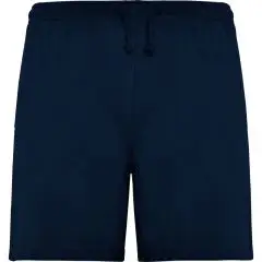 Short de sport personnalisable bleu marine avec cordon de serrage et poches latérales, vue dos.

