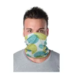 Tour de cou sport personnalisé Davi porté sur le visage, imprimé en sublimation de feuillages bleus et verts